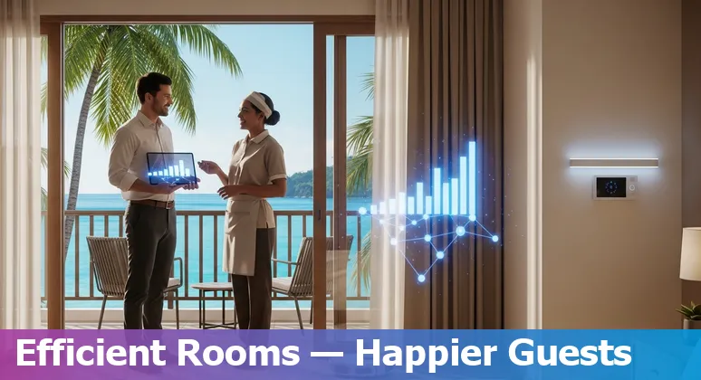 Hospitality staff interacting with AI dashboard in Seychelles hotel to cut costs and improve efficiency in Seychelles