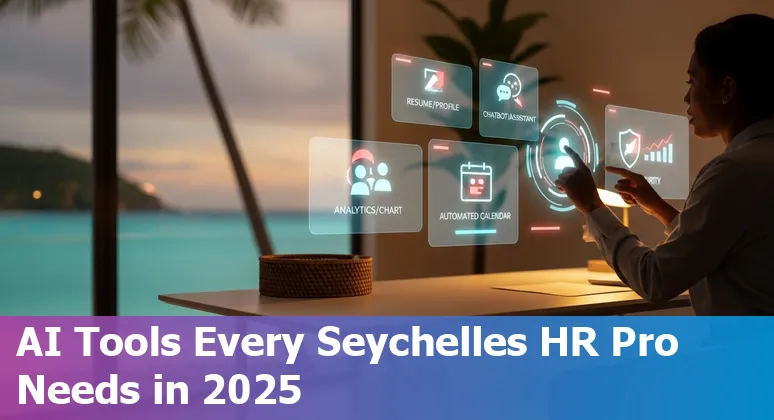 HR professional in Seychelles reviewing AI tools dashboard on a laptop with a Seychelles beach in the background