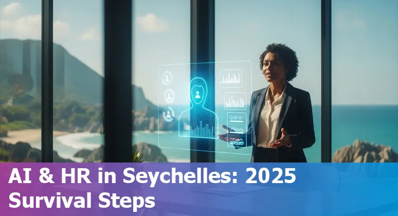 Seychelles HR professional working with an AI assistant in a tropical office — concept of AI and human collaboration in Seychelles HR