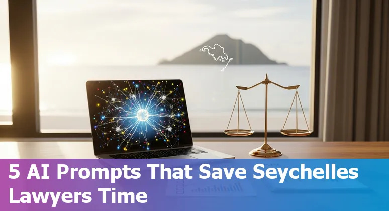 Seychelles lawyer using AI prompts on laptop with legal documents and Seychelles flag on desk