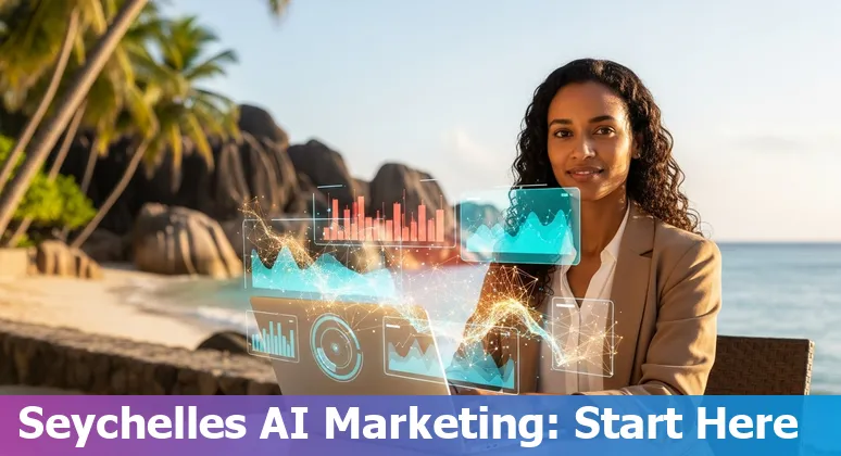 Marketing professional using AI tools on a laptop with Seychelles island backdrop — AI for marketing in Seychelles 2025