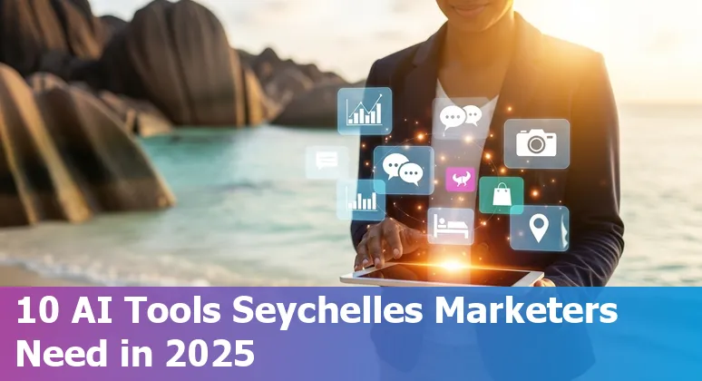 Collage of ChatGPT, Canva, HubSpot, SEMrush logos over a Seychelles beach, showing AI marketing tools for local tourism.