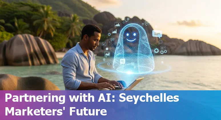 AI and marketing illustration showing a Seychelles map, a marketer and AI tools