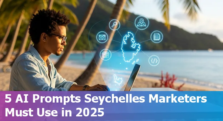 Illustration of AI prompts powering SEO for Seychelles businesses with a map of islands and marketing icons