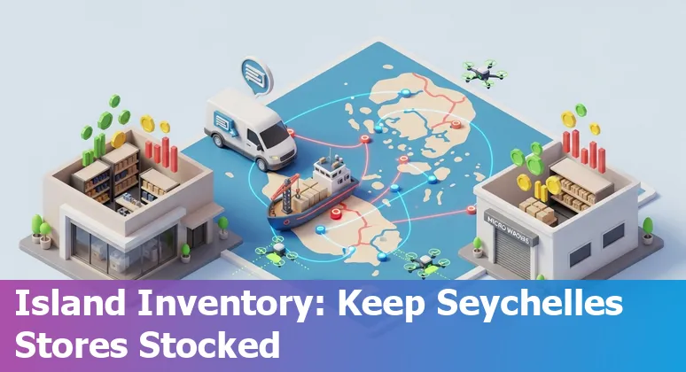 Seychelles retail store with AI overlay icons for forecasting, chatbot, pricing and inventory.