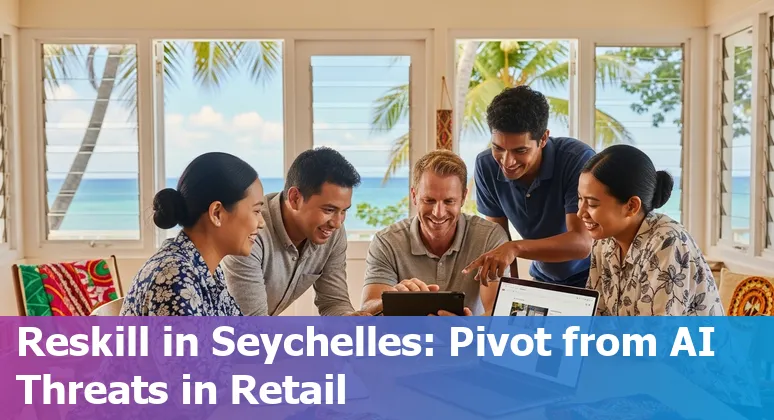 Retail worker beside a self-checkout kiosk in a Seychelles store, showing AI's impact on retail jobs