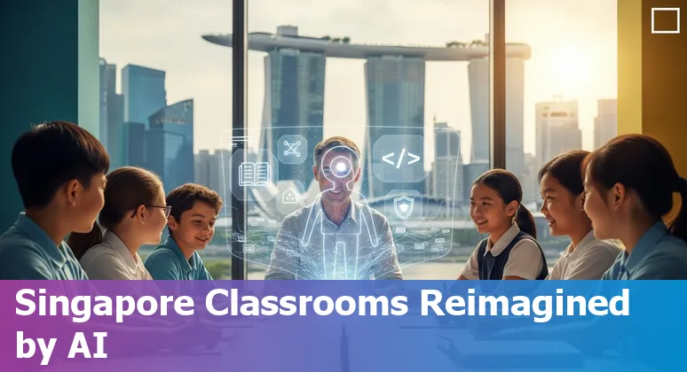 Graphic showing AI education tools and a Singapore school skyline representing AI in education in Singapore 2025