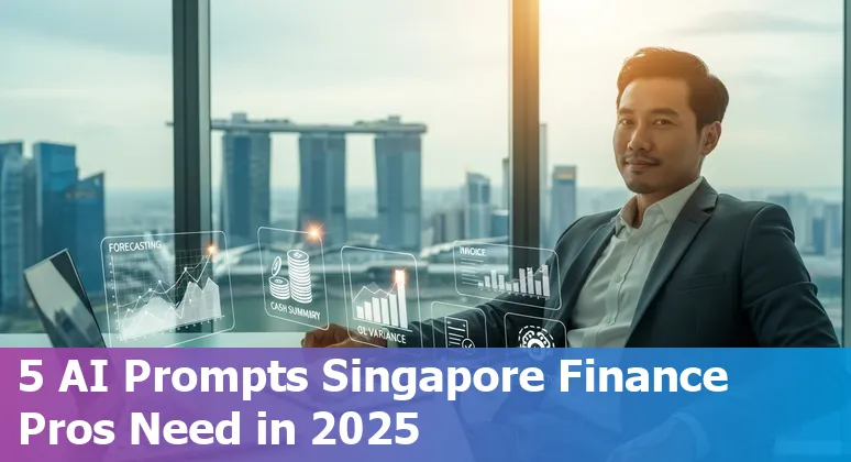 Singapore finance professional using AI prompts on a laptop with financial charts and skyline in background