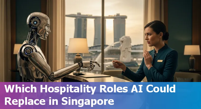 Hospitality staff using a tablet near hotel lobby with AI chatbot icons floating, showing tech and people working together in Singapore.