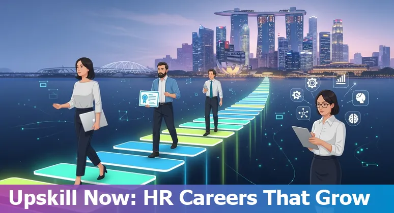 Illustration of AI and HR professionals collaborating in a Singapore office, highlighting AI tools and HR staff in Singapore.