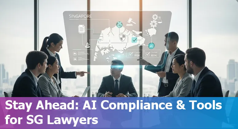 Legal professional using AI tools in Singapore 2025 with law books, laptop and AI interface