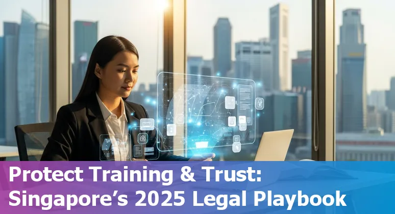 Illustration of AI and lawyers discussing the future of legal jobs with the Singapore skyline, 2025