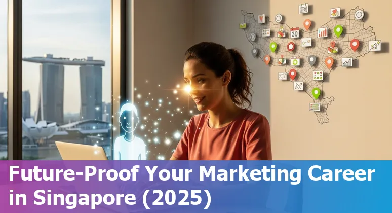 Marketer using AI tools with the Singapore skyline in the background — adapting marketing jobs in Singapore