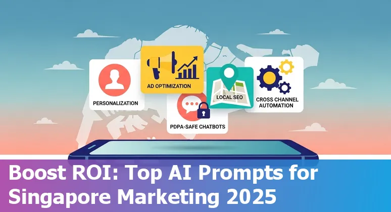 Illustration of a Singapore marketer using AI tools for personalised messaging, ads, SEO, chatbots, and automation.