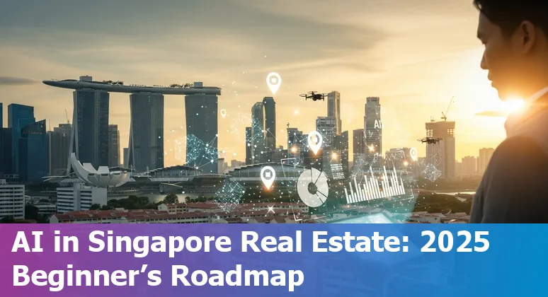 AI in Singapore real estate 2025: skyline with digital twin, chatbots, AVM graphs and virtual tour icons in Singapore