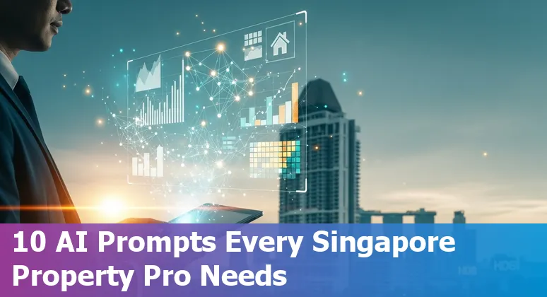 Graphic showing AI tools applied to Singapore real estate: valuation charts, listing text, MRT map and condo icons.