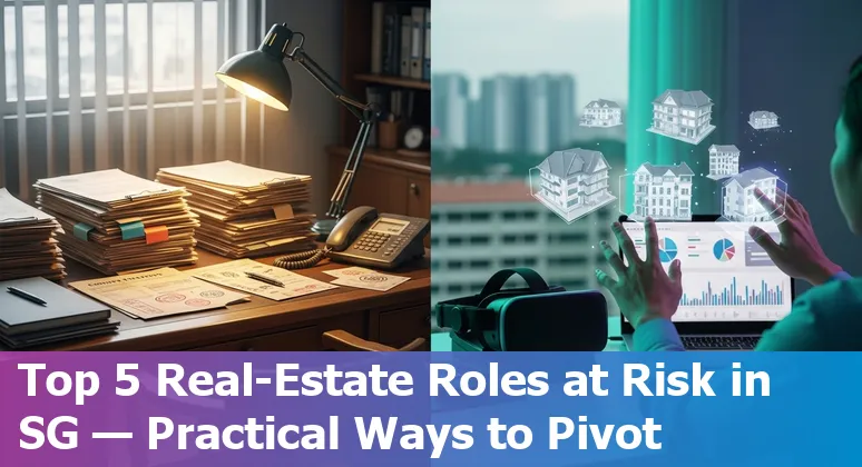 Singapore skyline with real estate agents, AI icons and workflow lines illustrating jobs at risk and adaptation strategies