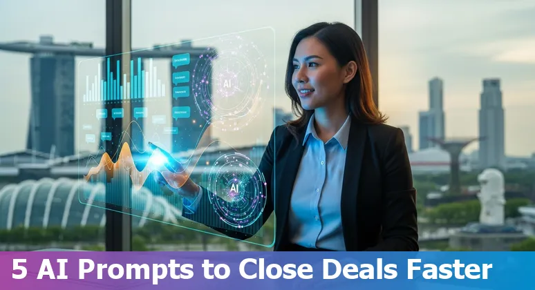 Sales professional using AI prompts on a laptop with Singapore skyline visible through office window