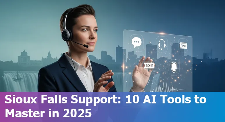 Customer service rep using AI tools on a laptop with Sioux Falls skyline in the background