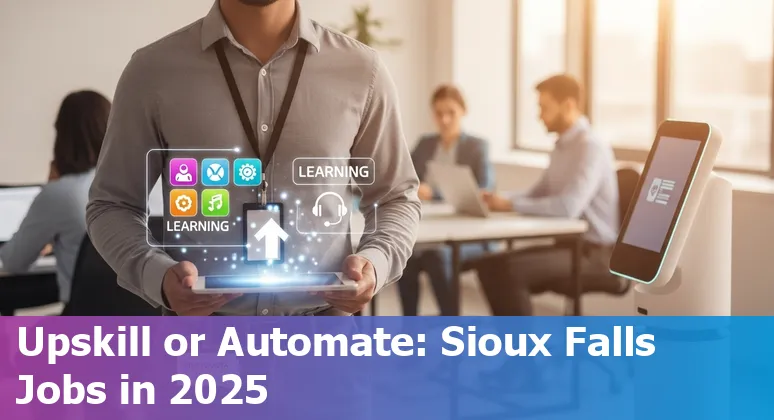 Illustration of AI and a customer service agent collaborating in Sioux Falls, South Dakota skyline, 2025