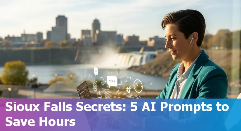 Customer service rep in Sioux Falls using AI prompts on a laptop with local landmark in background