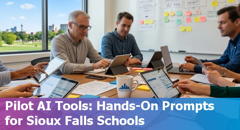 Sioux Falls educators using AI tools on laptops in a classroom, with local skyline in background