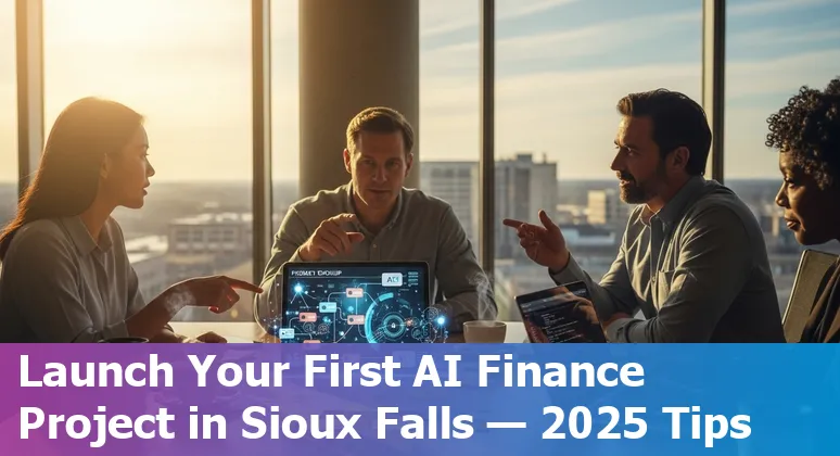 Finance professional using AI tools in an office in Sioux Falls, South Dakota, with city skyline visible.