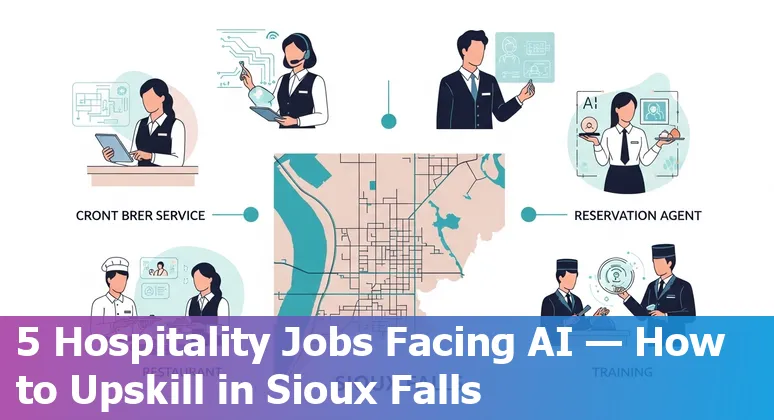 Hotel front desk agent using a tablet while an AI assistant suggests responses; Sioux Falls skyline in the background