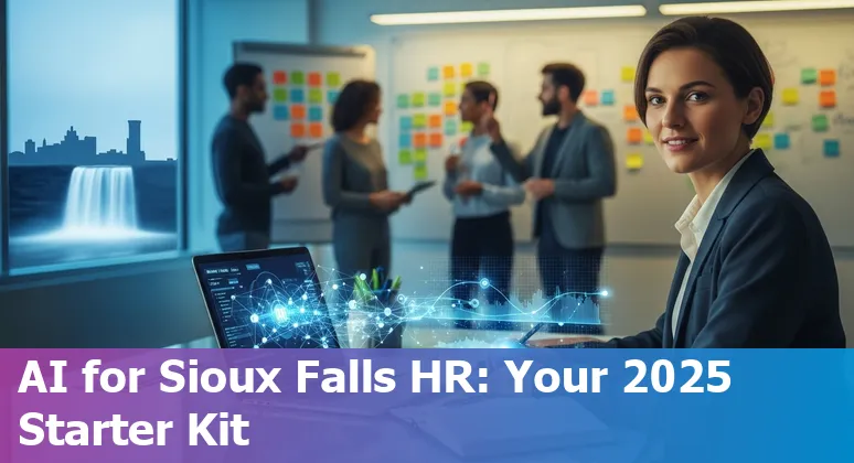 HR professional using AI tools on a laptop with Sioux Falls, South Dakota skyline visible - 2025 guide