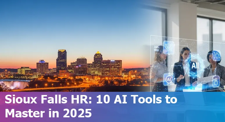HR professional reviewing AI HR tools dashboard with Sioux Falls skyline backdrop