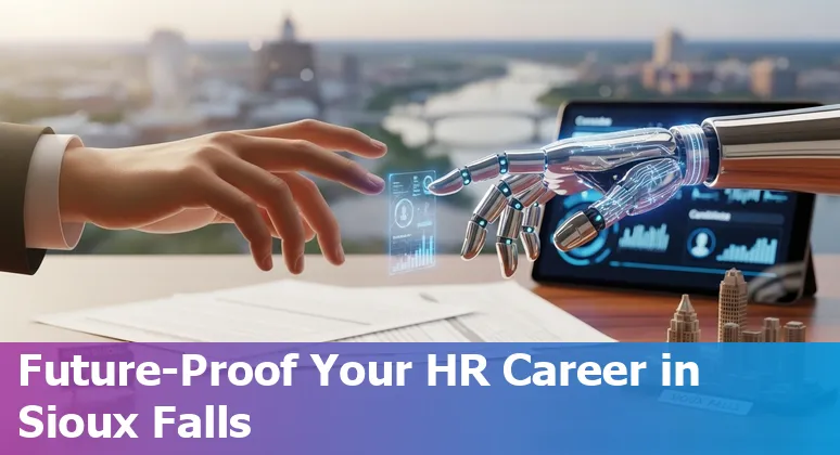 HR professional using AI tools on a laptop in Sioux Falls, South Dakota skyline in background