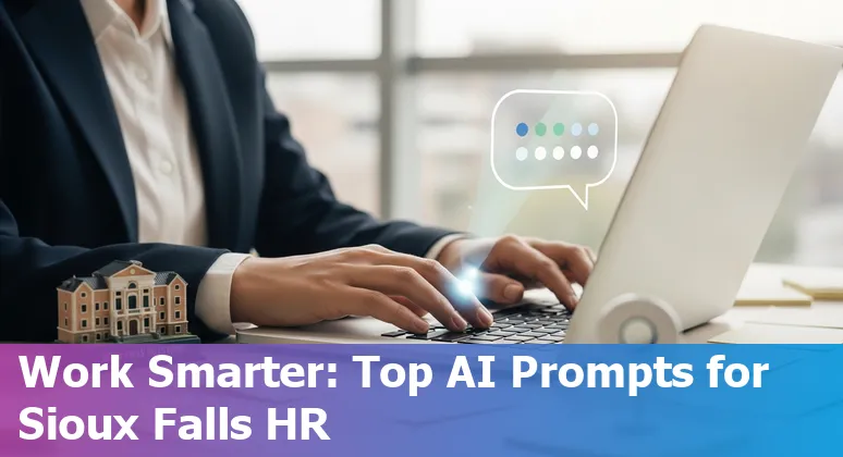 HR professional in Sioux Falls using AI prompts on a laptop with Sioux Falls skyline in background