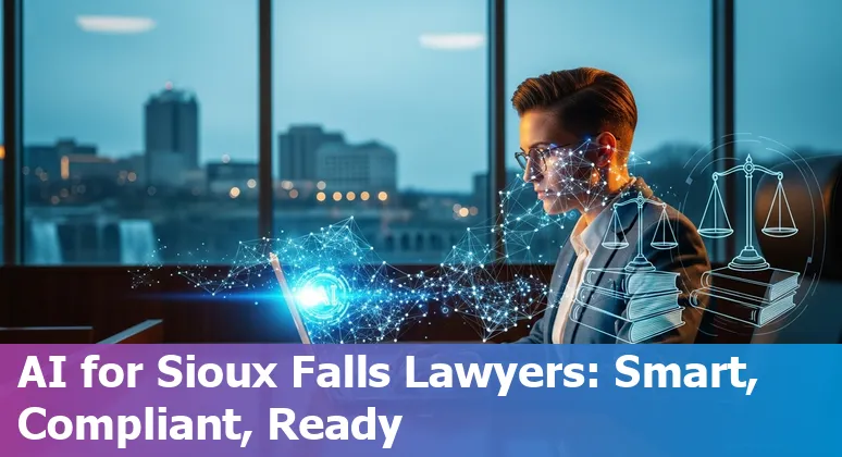 Sioux Falls, South Dakota lawyer using AI tools on a laptop in 2025 - skyline and courthouse visible