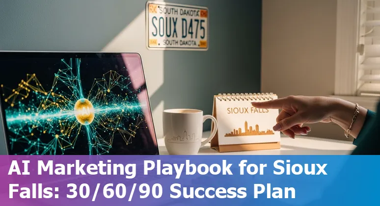 Marketing professional using AI tools at a desk with Sioux Falls, SD skyline visible, illustrating local AI marketing strategies in 2025