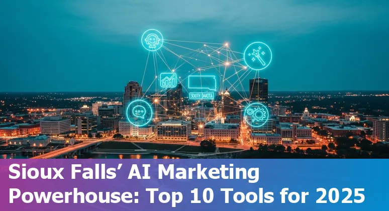 Collage of AI marketing tools icons including Jasper, SurferSEO, HubSpot, Drift, and Zapier over a Sioux Falls skyline