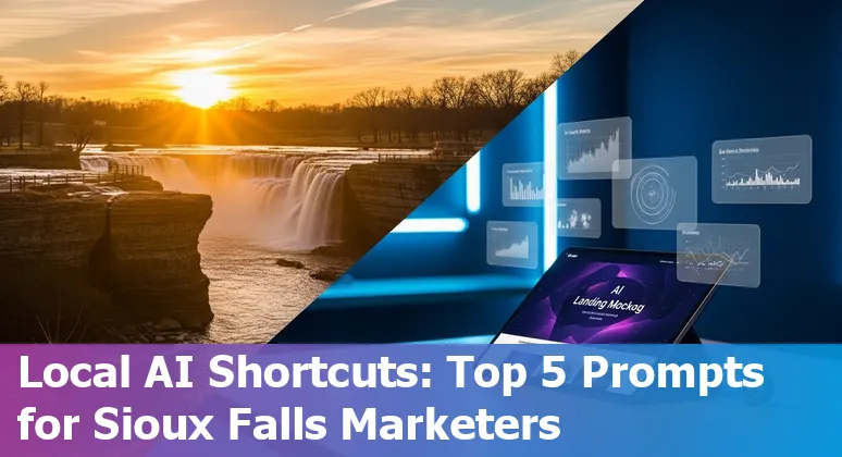 Marketing professional using AI prompts on a laptop with Sioux Falls skyline in the background