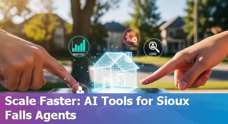 AI in Sioux Falls, SD real estate: agent using AI tools with downtown Sioux Falls skyline in background