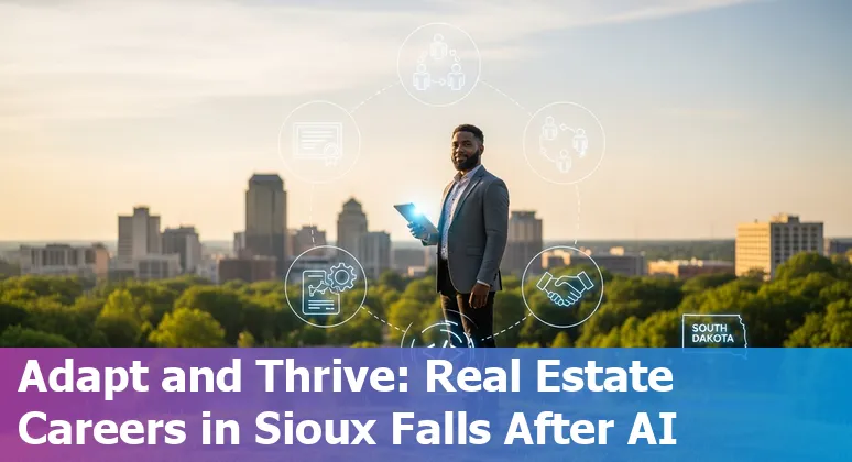 Sioux Falls realtor using AI tools while meeting clients in a modern office, skyline in background