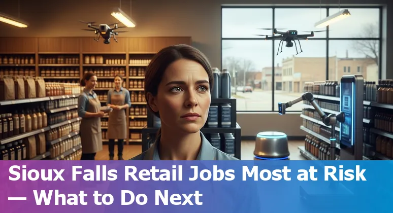 Retail worker using a tablet with automated inventory robots in a Sioux Falls store background