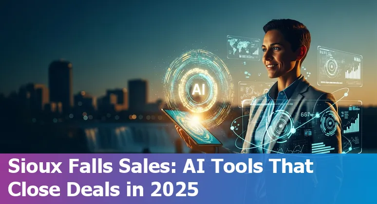 Sales professional using AI tools in Sioux Falls, South Dakota skyline background