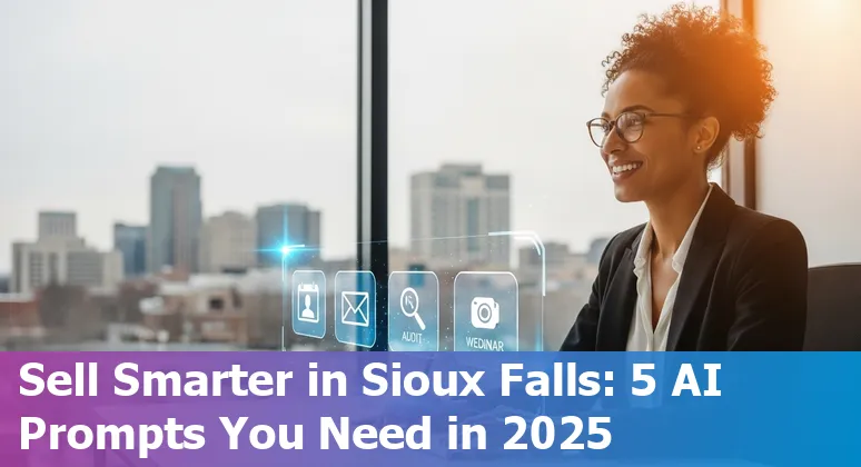 Sioux Falls sales professional using AI prompts on a laptop with Sioux Falls skyline background