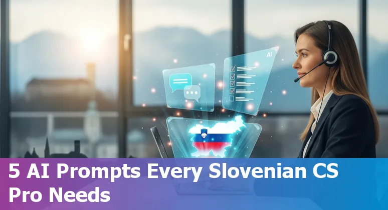 Customer service agent using AI prompts on a laptop with Slovenian interface and compliance icons.