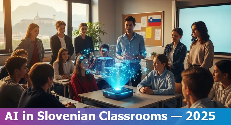 Illustration of AI in Slovenian classrooms 2025 showing teachers, students, and national AI strategy symbols in Slovenia