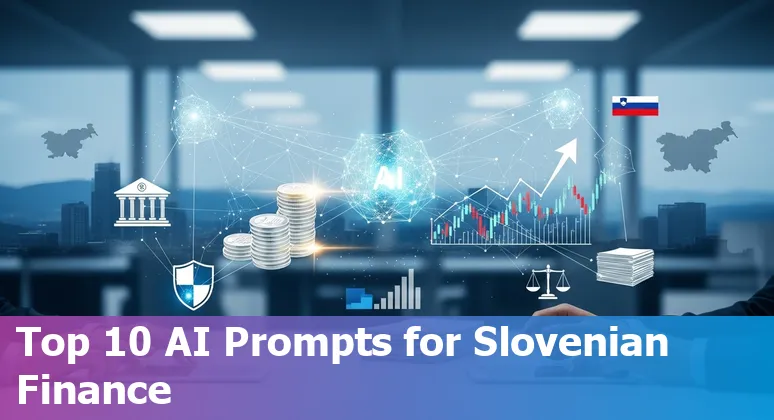Icons representing AI use cases in Slovenian finance: AML, fraud, credit scoring, chatbots, compliance, portfolio management.