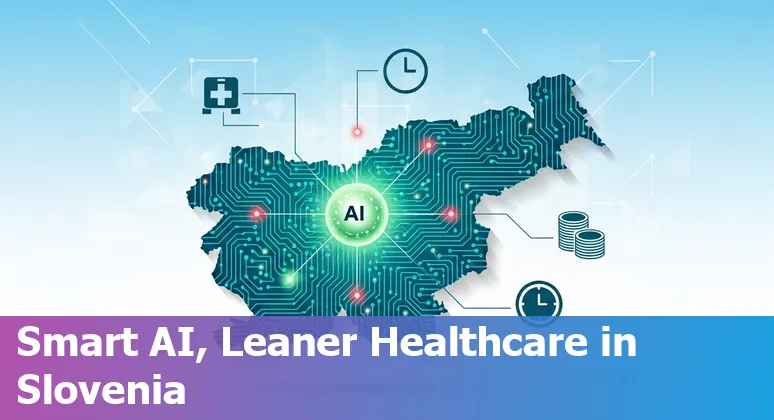 Healthcare staff reviewing AI dashboard at a Slovenian hospital showing cost and efficiency metrics, Slovenia