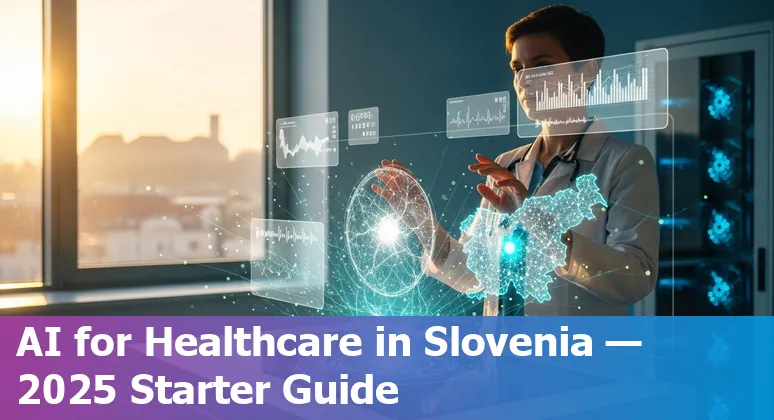 Illustration of AI in Slovenian healthcare showing doctors, data charts, Vega supercomputer and Slovenia flag