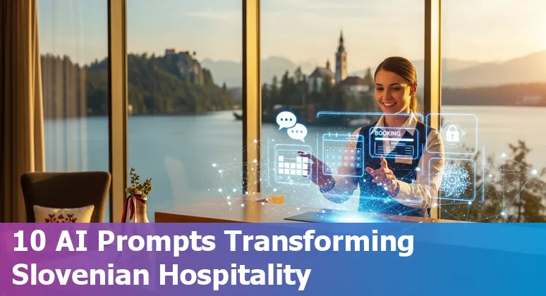 Hotel staff using AI tools on a tablet with Slovenia map and hospitality icons