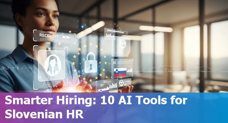 Collage of AI HR tools logos and Slovenian office scene showing recruiting, analytics and onboarding