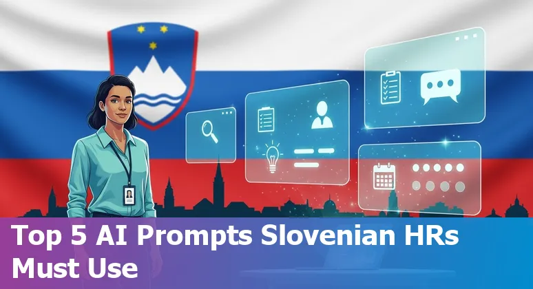 HR professional in Slovenia using AI prompts on a laptop with Ljubljana skyline in the background
