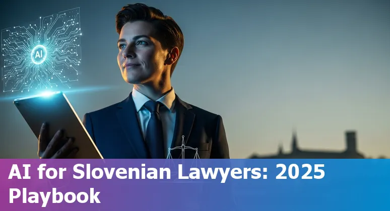 Legal professional using AI tools with Ljubljana skyline and Slovenian flag, representing AI for lawyers in Slovenia 2025